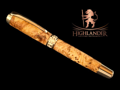 Exotic Moroccan Thuya Burl Wood | Red Gold Rollerball Pen | Highlander Rare Wood Pen Collection