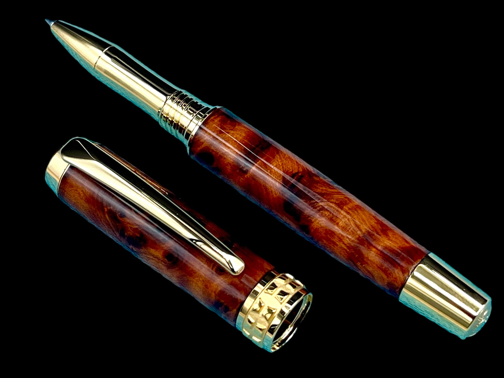 Exotic Thuya Burl Wood~Highlander Handcrafted Gold Rollerball Pen, One of a Kind, Handmade in CO. Ink, Velvet Sleeve, and Pen Box Included. (ML-RB-0926-03) - HighlanderPen