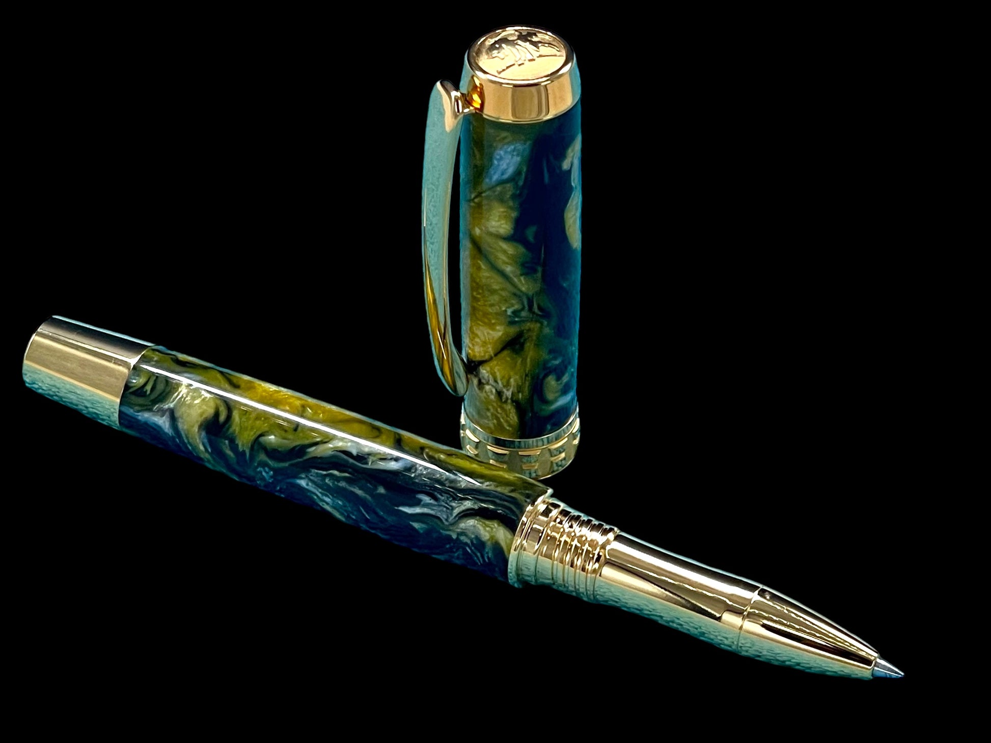 Handcrafted Luxury Gold Rollerball Pen, One of a Kind, Handmade in Colorado with Premium Hardware. Ink, Velvet Sleeve, and Pen Box Included. - HighlanderPen