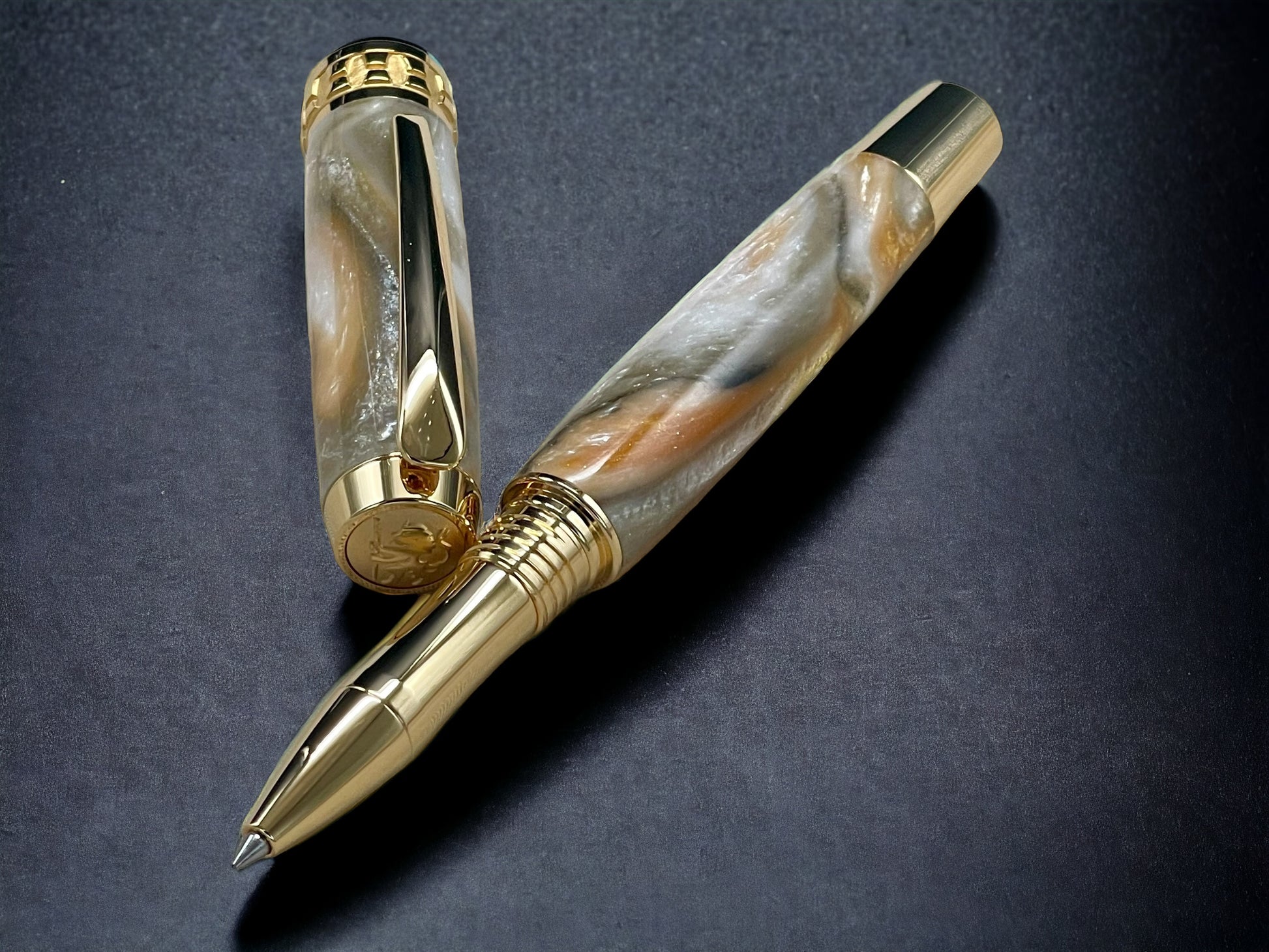 “Peach Swirl”, One of a Kind Gold SKYE, Handmade Custom Acrylic Rollerball Pen. Artisan Rare & Unique, Completely Handcrafted  in Co, USA - HighlanderPen