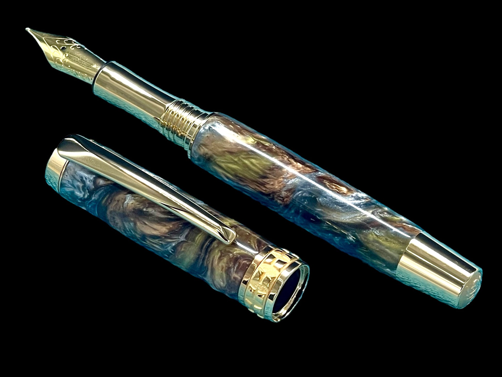 Striking “Molten Metals” Handcrafted Luxury Gold Fountain Pen, One of a Kind, Handmade in Colorado. Ink, Converter, Sleeve, & Box Included. - HighlanderPen