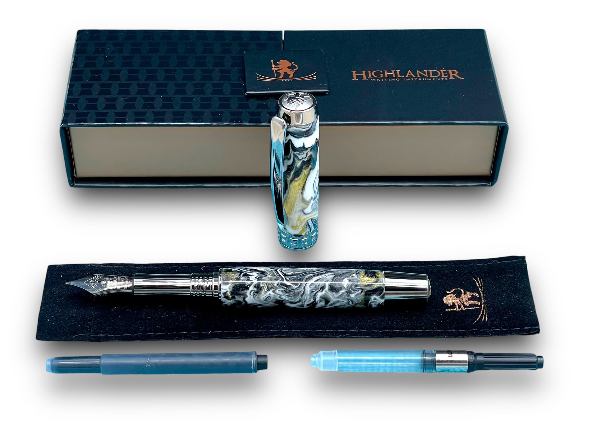 Striking “Black and Gold Swirl” Black Titanium Fountain Pen, Artisan Handcrafted Writing Instrument. Converter, Ink, Sleeve & Box Included. - HighlanderPen