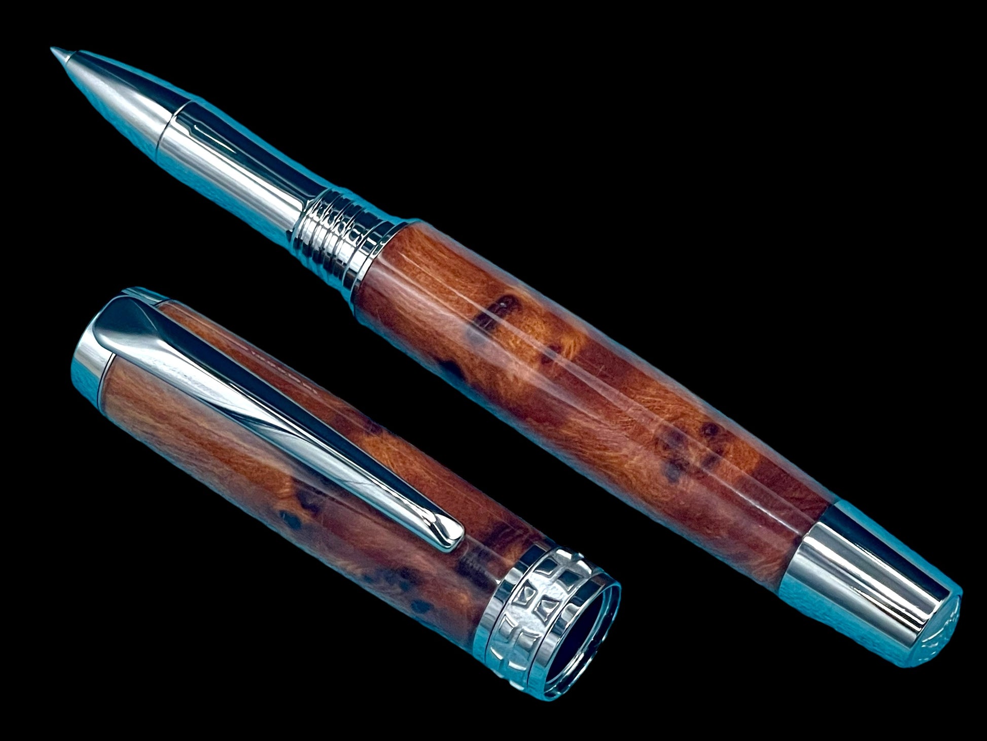 Exotic Thuya Burl Wood Black Titanium Rollerball Pen, Handcrafted in CO. Ink, Sleeve, & Box Included (ML-RB-0927-01) - HighlanderPen