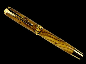 Certified Exotic Bethlehem Olivewood Gold Handmade Fountain Pen. Ink, Converter, Sleeve, & Box Included. Handcrafted in Colorado By Highlander Pen. [ML-FP-1120-03]