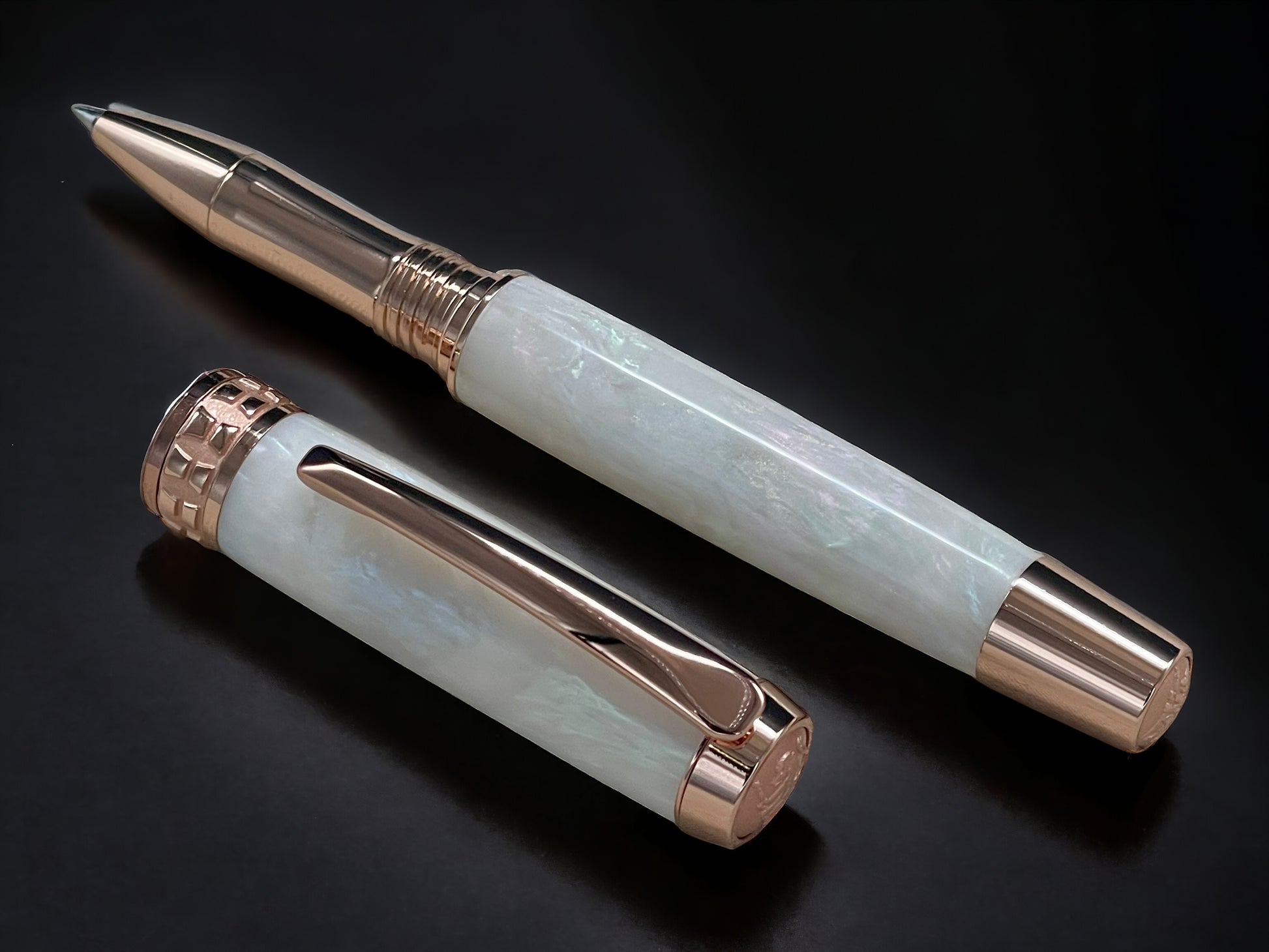 “Pearly Opal Acrylic” One of a Kind Rose Gold, Handmade Custom Rollerball Pen. Artisan Rare & Unique, Completely Handcrafted  in Co, USA - HighlanderPen