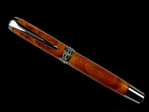 Exotic Amboyna Wood Handmade Black Titanium Rollerball Pen. One of a Kind, Handcrafted by Highlander Pen in CO. Ink, Sleeve, & Box Included. [ML-RB-1120-02]