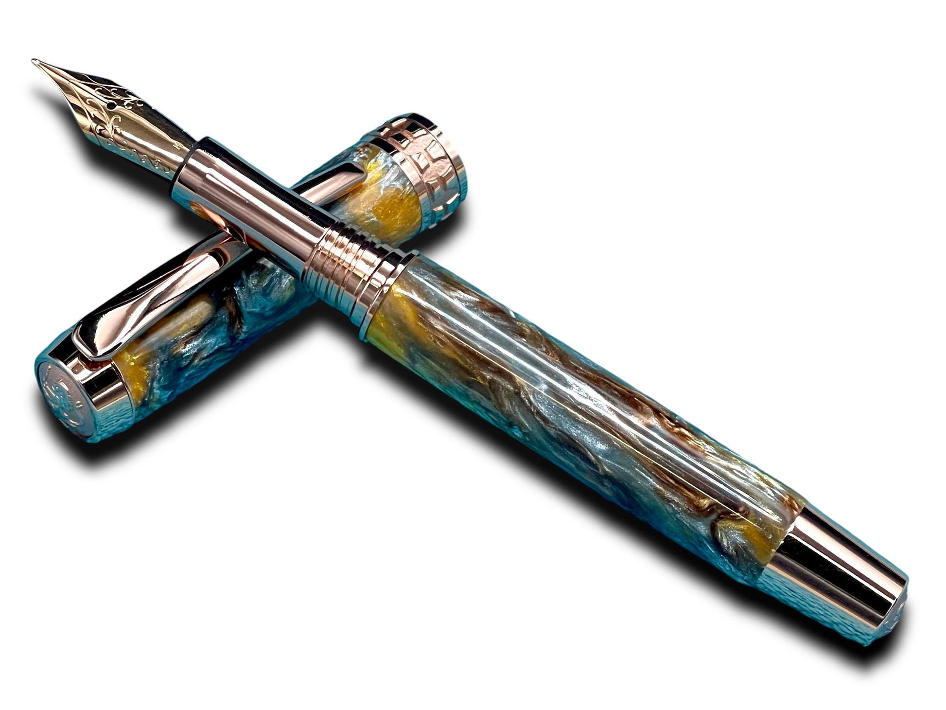 Striking “Molten Metals Acrylic” Rose Gold Fountain Pen, One of a Kind, Handmade in Colorado. Ink, Converter, Pen Sleeve & Box Included. - HighlanderPen