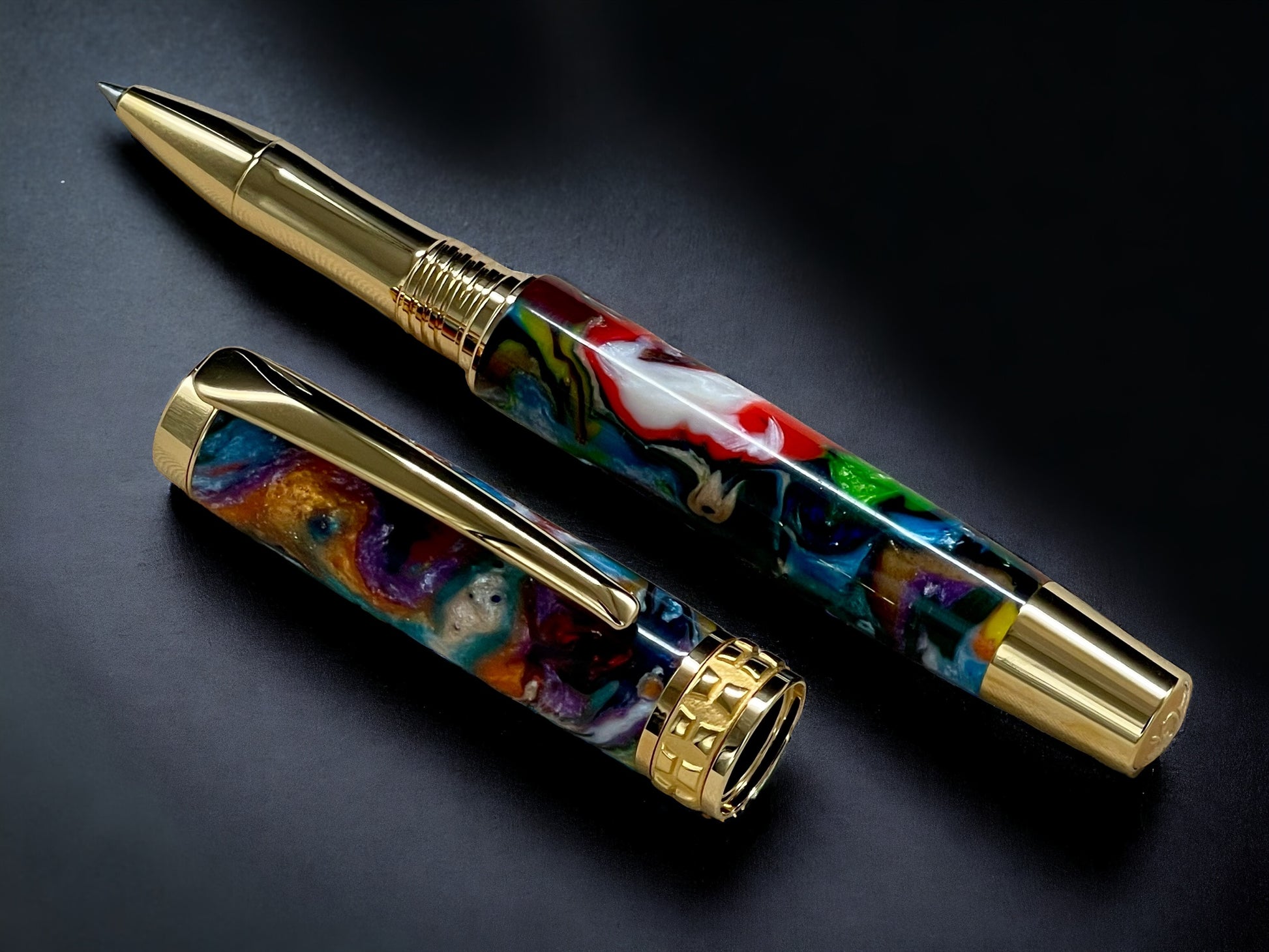 Gold Rollerball Pen, Artisan Handcrafted Writing Instrument. Handmade with Custom Hardware in Colorado. One of a Kind. “Color Explosion” - HighlanderPen