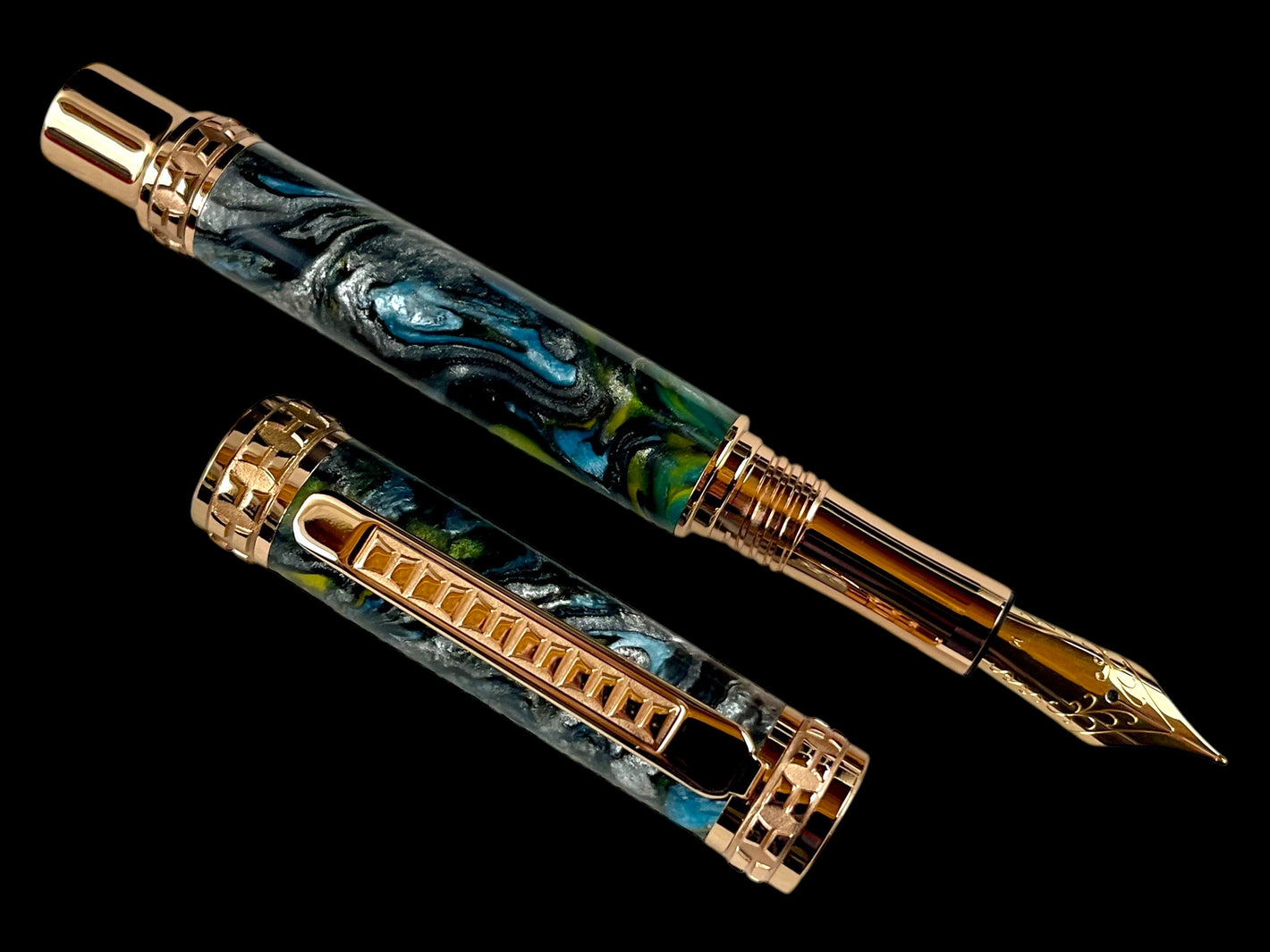 Edinburg Rose Gold Handmade Fountain Pen “Silver Waterfall”. Ink, Converter, Pen Sleeve & Box Included. Handcrafted by Highlander Pen in Colorado. [ML-FP-1120-03]