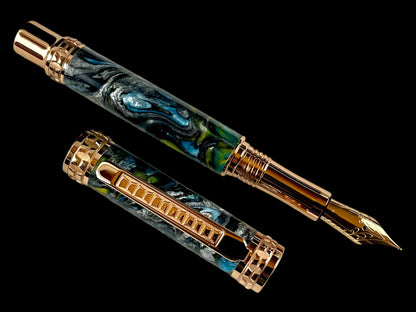 Edinburg Rose Gold Handmade Fountain Pen “Silver Waterfall”. Ink, Converter, Pen Sleeve & Box Included. Handcrafted by Highlander Pen in Colorado. [ML-FP-1120-03]