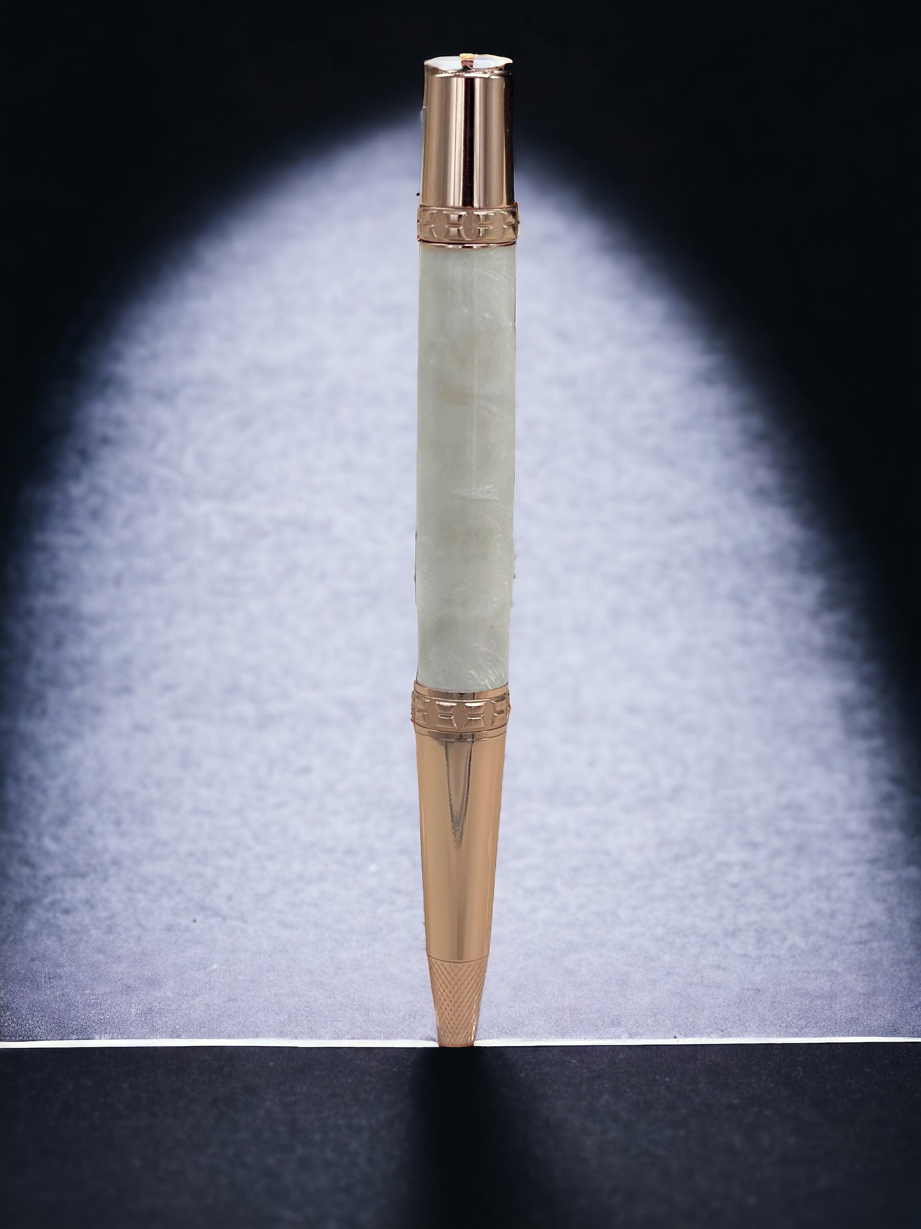 Pearly White, One of a Kind, Rose Gold, Pearlescent Acrylic Ballpoint Pen. Custom Handcrafted, Artisan Rare, Handmade in Colorado. - HighlanderPen