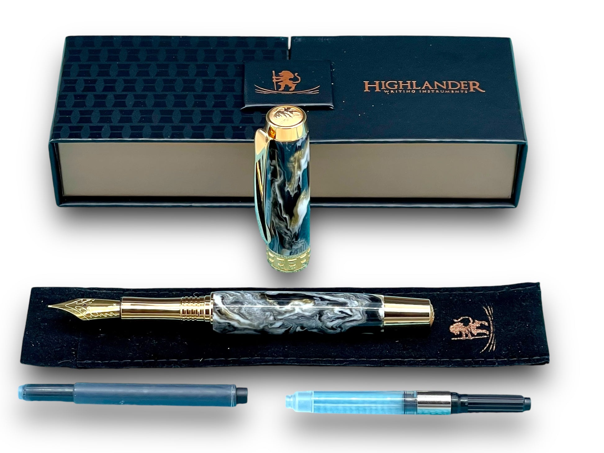 Elegant “Black/Gold Swirl” Handcrafted Luxury Gold Fountain Pen, One of a Kind, Handmade in Colorado. Ink, Converter, Sleeve, & Box Included - HighlanderPen