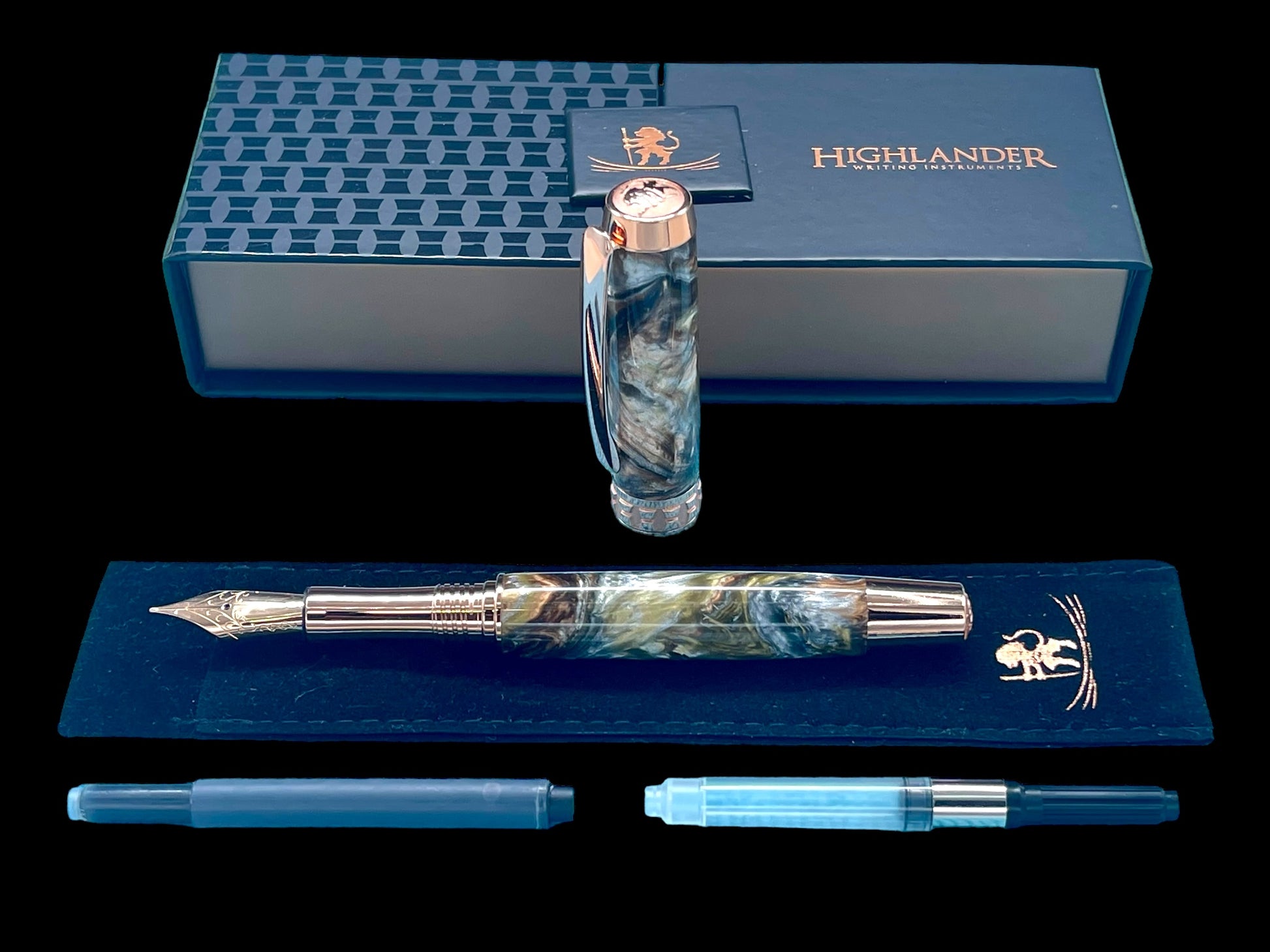 Striking “Molten Metals” Acrylic Rose Gold Fountain Pen, One of a Kind, Handmade in Colorado. Ink, Converter, Pen Sleeve & Box Included. - HighlanderPen