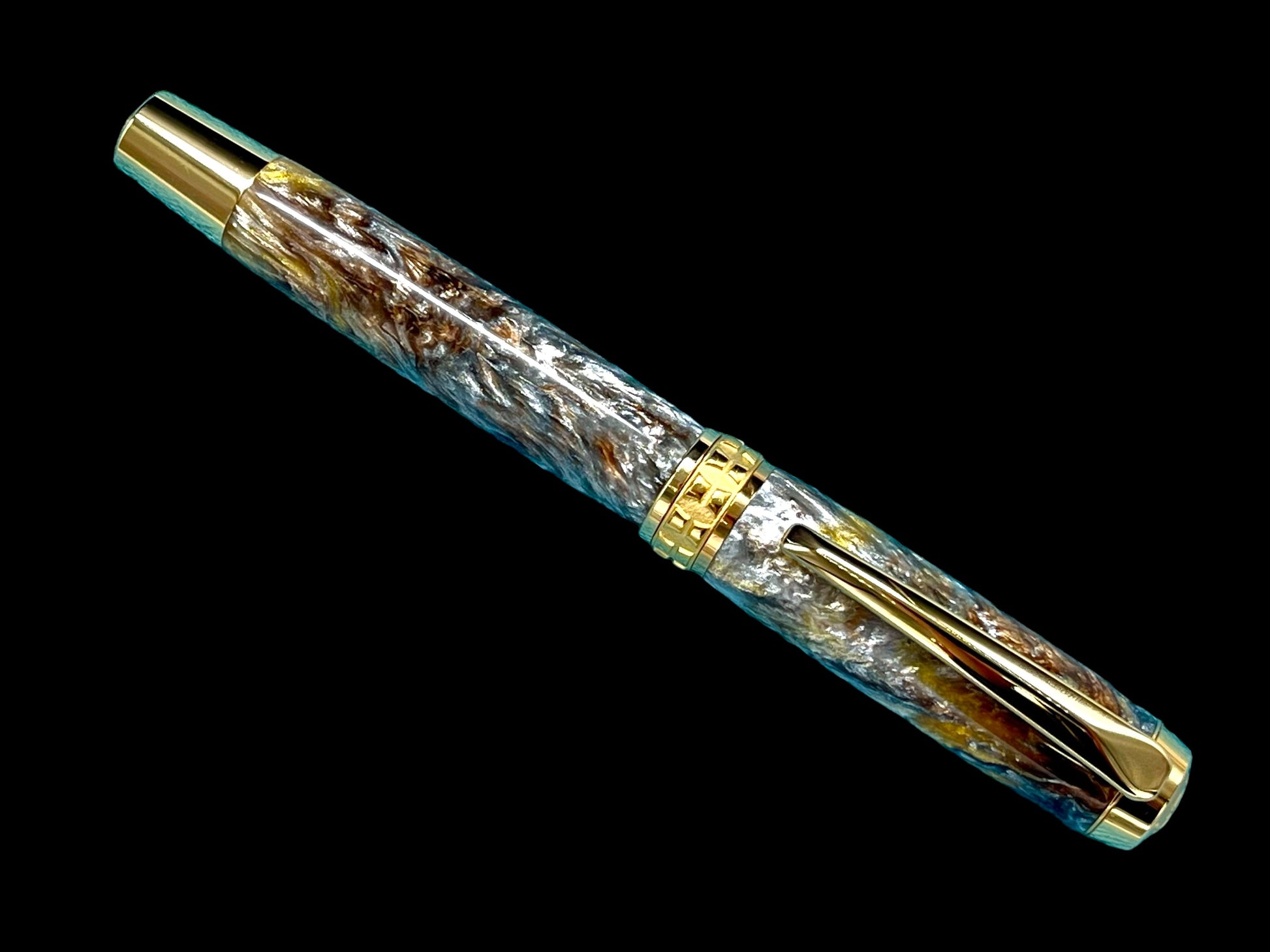 Striking “Molten Metals” Handcrafted Gold Rollerball Pen, One of a Kind, Handmade in Colorado. Ink, Velvet Sleeve, and Pen Box Included. - HighlanderPen