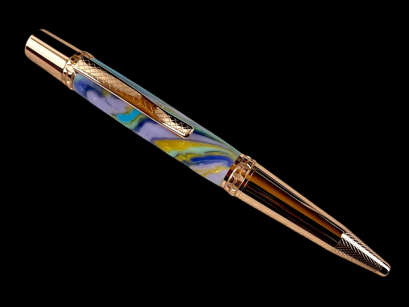 Red Gold “Elegant Swirl" Handmade Glasgow Ballpoint Pen. One of a Kind, Handcrafted by Highlander Pen in CO. Box, Ink, & Sleeve Included. [ML-BP-1123-03]