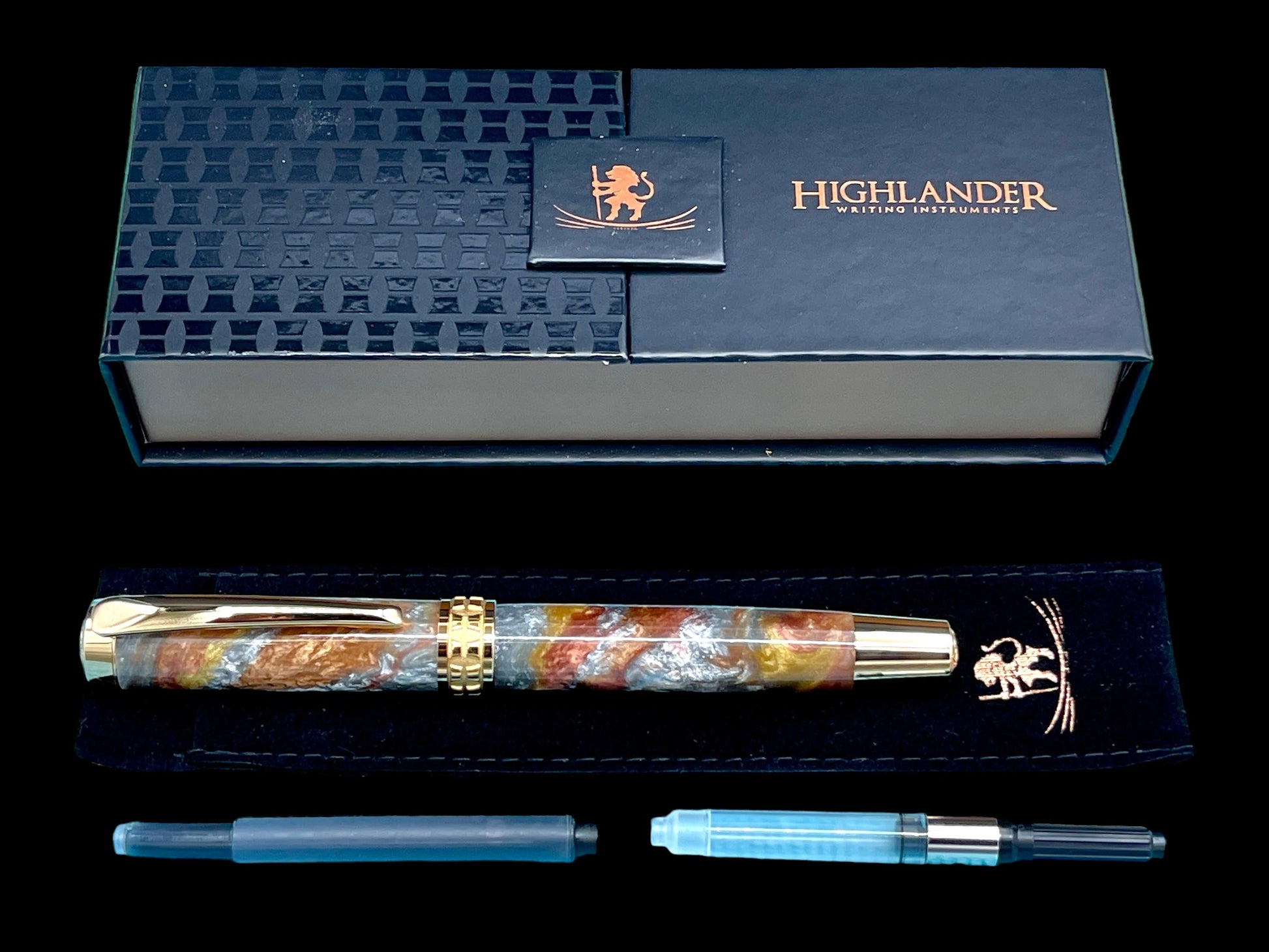 Striking “Molten Metals” Handcrafted Luxury Gold Fountain Pen, One of a Kind, Handmade in CO. Ink, Converter, Sleeve, & Box Included. - HighlanderPen