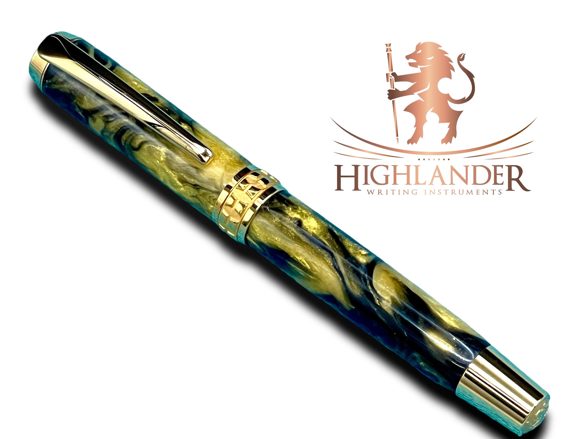 Elegant “Gold Swirl” Handcrafted Gold Rollerball Pen, One of a Kind, Handmade in Colorado. Ink, Velvet Sleeve, and Pen Box Included. - HighlanderPen