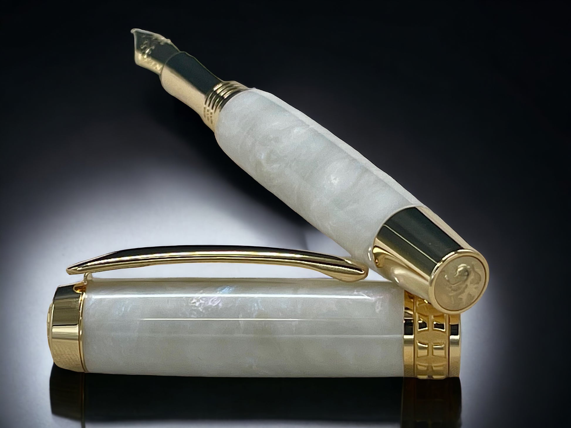 “Pearly Opal” One of a Kind, Handmade Custom Gold Acrylic Fountain Pen. Artisan Rare & Unique, Completely Handcrafted  in Colorado, USA - HighlanderPen