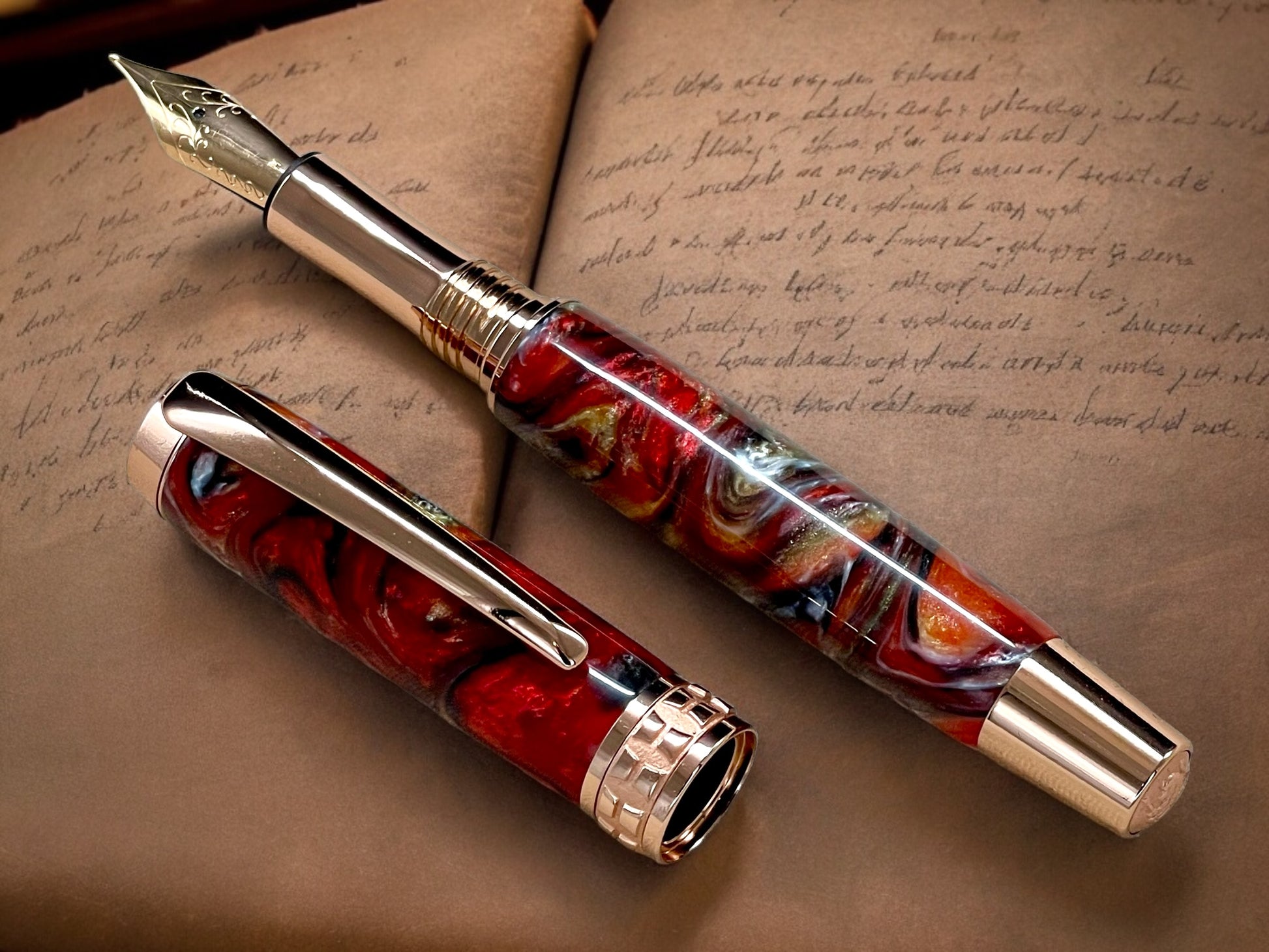 Striking “Italian Sportscar” Rose Gold Fountain Pen, Artisan Handcrafted Writing Instrument. Simple to Use. Handmade Custom in Colorado. - HighlanderPen