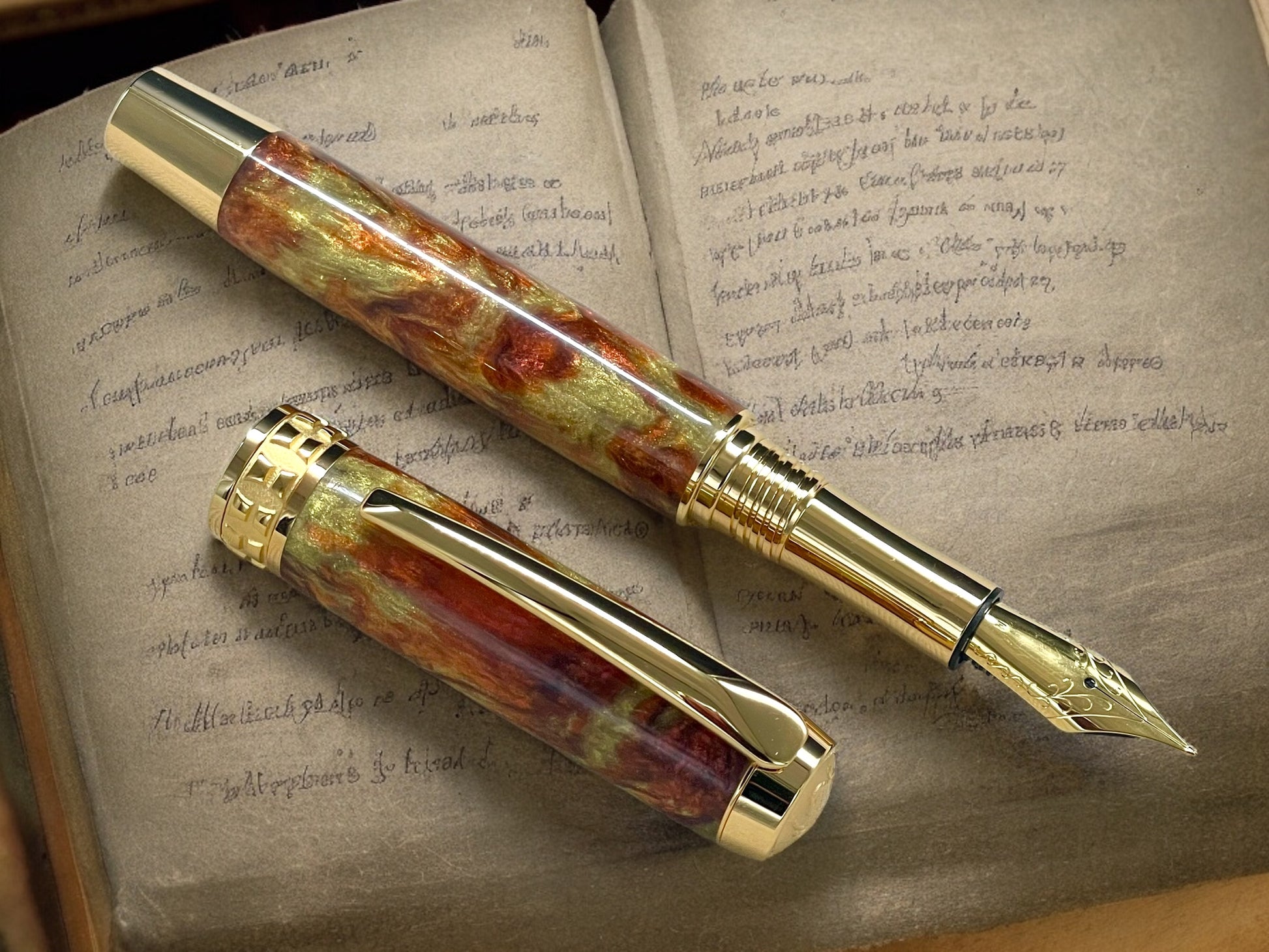 Striking “Blood Orange & Gold" Gold Rollerball Pen, Artisan Handcrafted Writing Instrument. Handmade Custom in Colorado. One of a Kind. - HighlanderPen