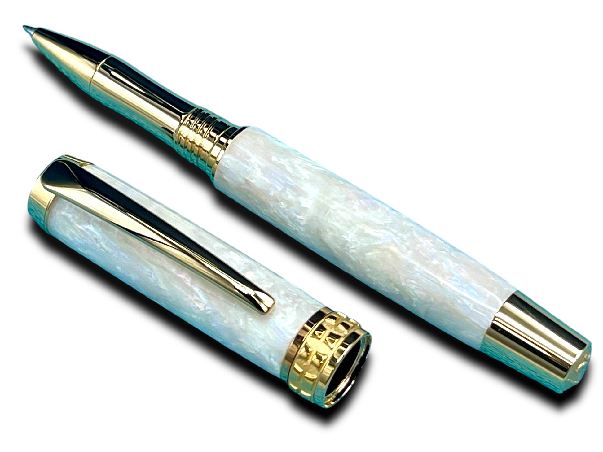 Elegant “Pearly Opal” Handcrafted Gold Rollerball Pen, One of a Kind, Handmade in Colorado. Ink, Velvet Sleeve, and Pen Box Included. - HighlanderPen