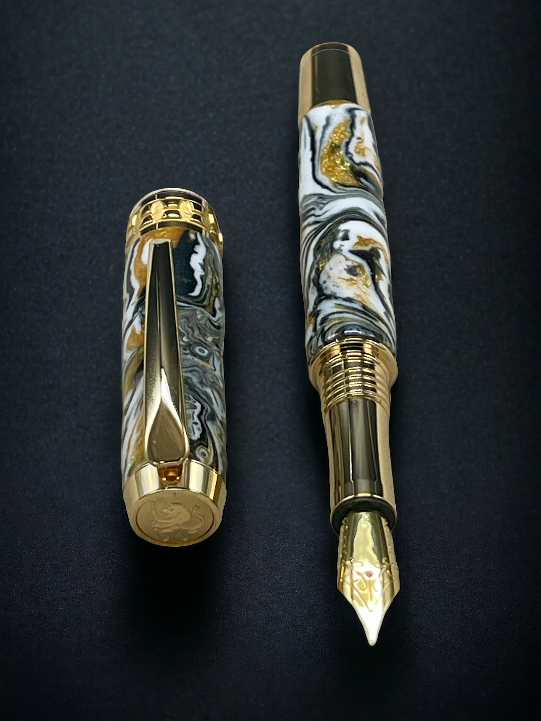 “Striking Swirl” Gold Fountain Pen, Artisan Handcrafted Writing Instrument. Simple to Use. Handmade with Custom Hardware in CO, One of a Kind. - HighlanderPen