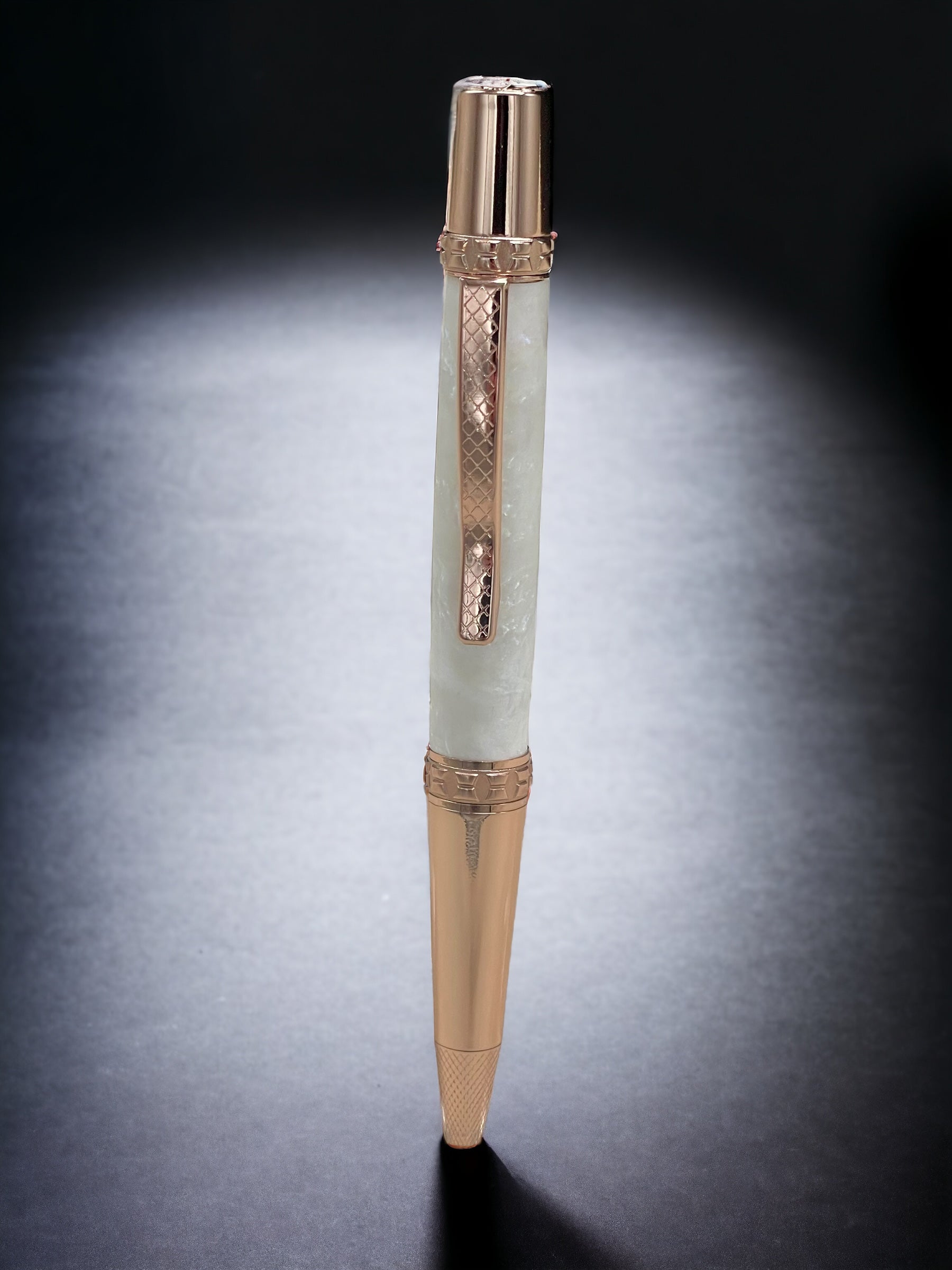 Pearly White, One of a Kind, Rose Gold, Pearlescent Acrylic Ballpoint Pen. Custom Handcrafted, Artisan Rare, Handmade in Colorado. - HighlanderPen