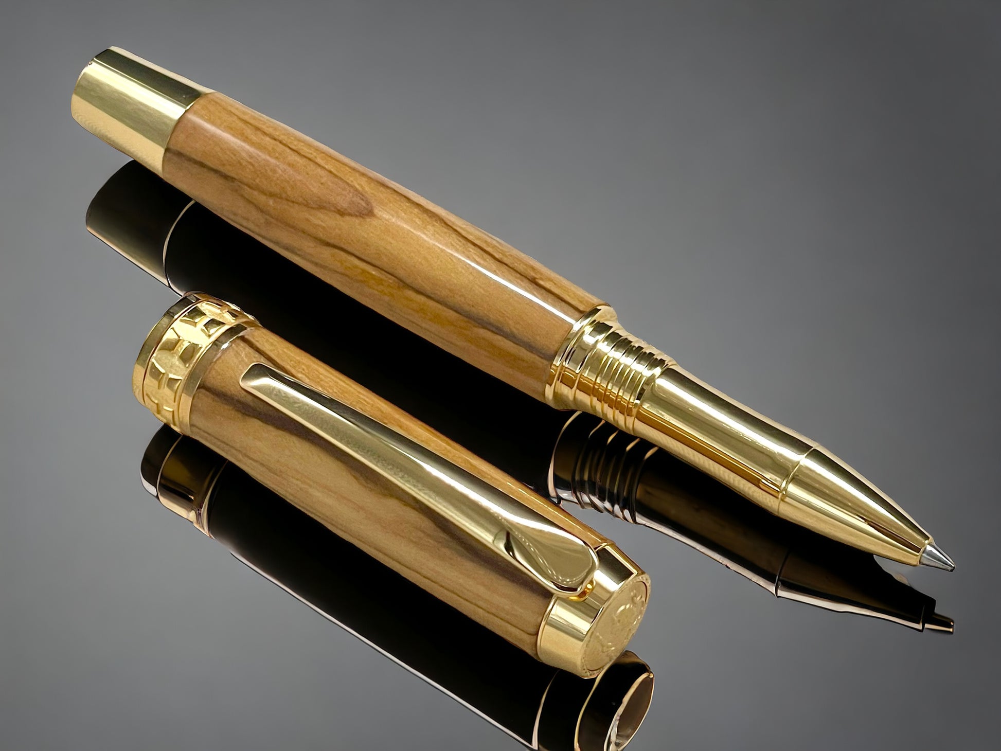 One of a Kind, Gold & Wood, Handmade Custom Bethlehem Olivewood Rollerball Pen. Artisan Rare & Unique, Completely Handcrafted in Co, USA - HighlanderPen