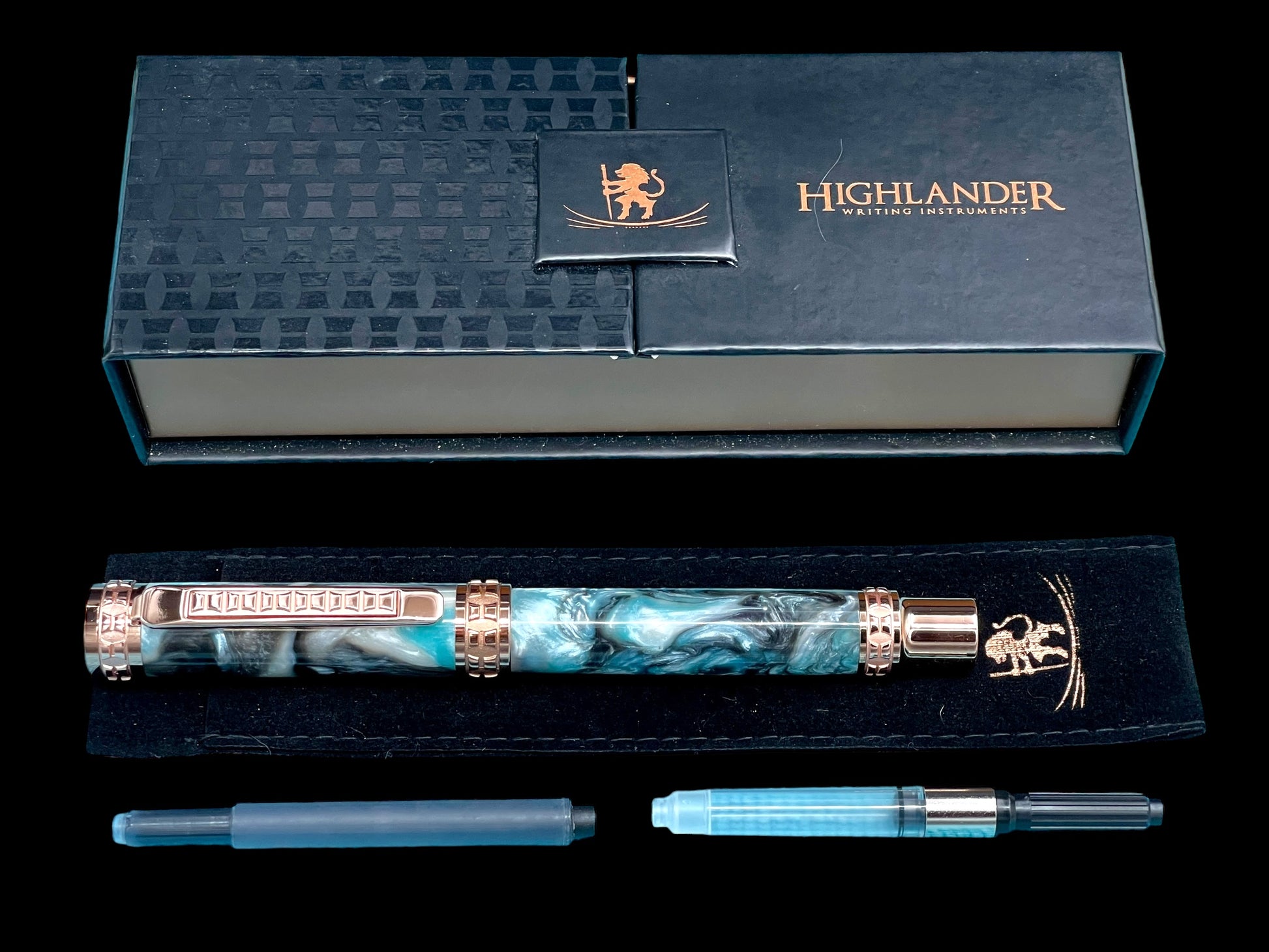 Rose Gold Fountain Pen, Handmade Elegant Luxury. Ink, Converter, Pen Sleeve, & Box Included. Handcrafted locally by Highlander Pen. [ML-FP-1005-01] - HighlanderPen