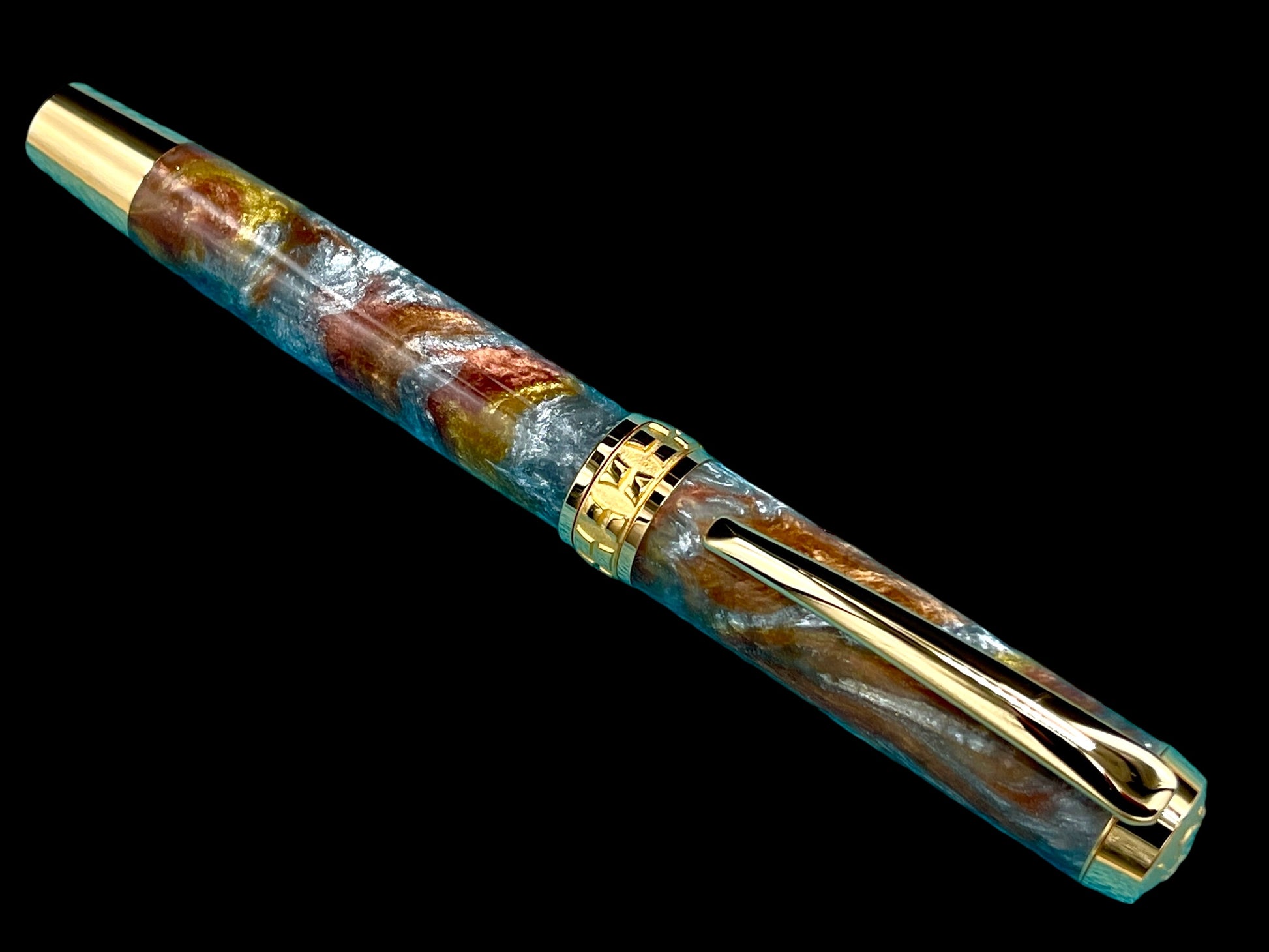 Striking “Molten Metals” Handcrafted Luxury Gold Fountain Pen, One of a Kind, Handmade in CO. Ink, Converter, Sleeve, & Box Included. - HighlanderPen