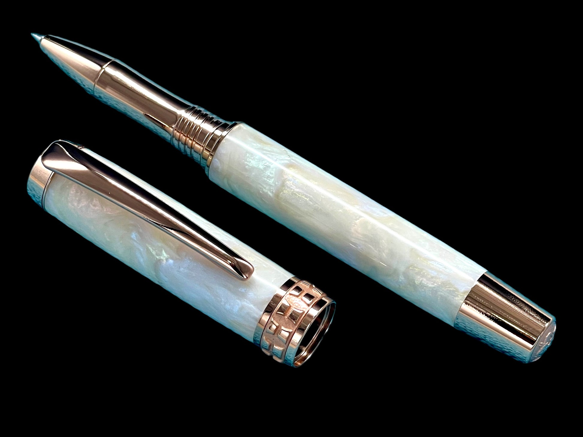 Elegant “Pearly Opal” Rose Gold Acrylic Rollerball Pen, Artisan Handcrafted Writing Instrument. One of a Kind, with Box, Felt Sleeve, & Ink. - HighlanderPen