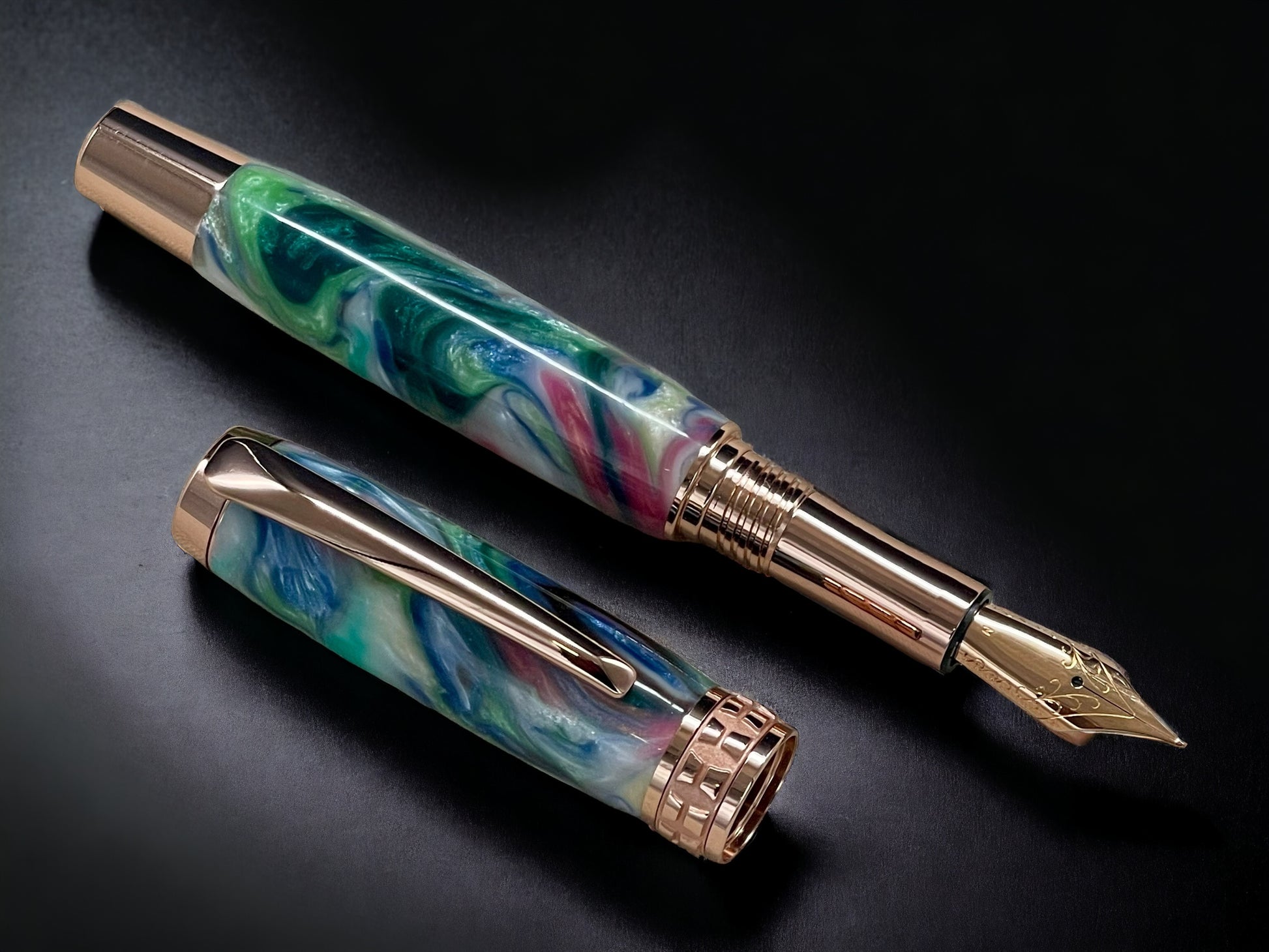 “Spring Bouquet”, One of a Kind, Rose Gold, Acrylic Handcrafted Fountain Pen. Custom, Artisan Rare & Unique, Handmade in Colorado. - HighlanderPen