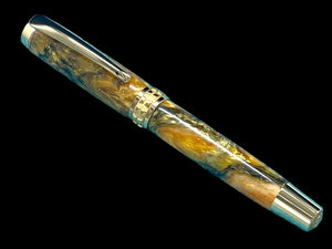 Striking “Gold-Orange Swirl” Handcrafted Gold Fountain Pen, One of a Kind, Handmade in Colorado. Ink, Converter, Sleeve, & Box Included. - HighlanderPen