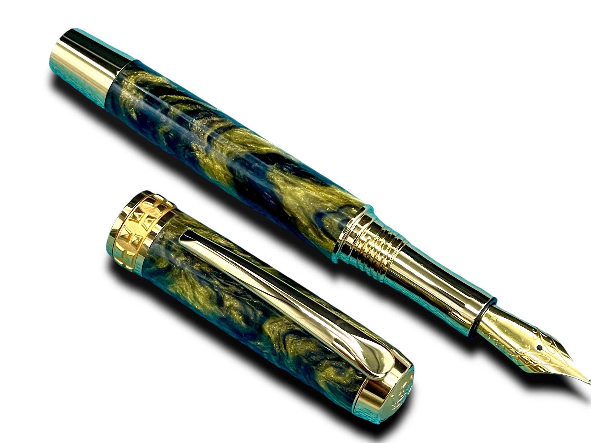 Striking “Black and Gold” Handcrafted Luxury Gold Fountain Pen, One of a Kind, Handmade in Colorado. Ink, Converter, Sleeve, & Box Included. - HighlanderPen