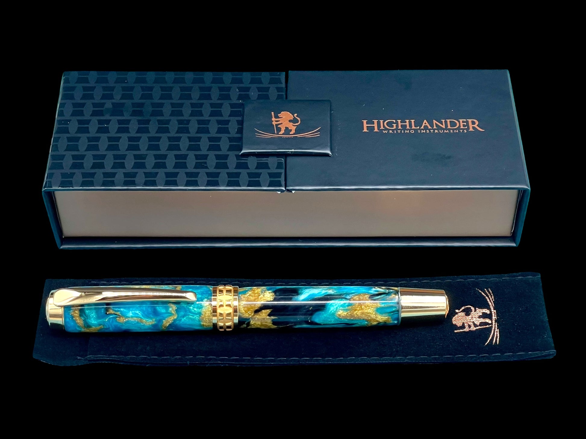 Highlander~Handmade Gold Rollerball Pen, One of a Kind Writing Instrument, Handcrafted in Colorado. Ink, Velvet Sleeve, and Box Included. ML-RB-0925-01 - HighlanderPen