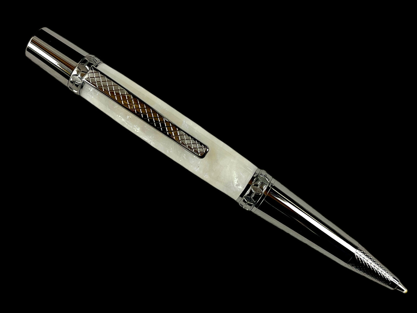 Black Titanium “Pearly White” Handmade Ballpoint Pen. One of a Kind, Ink, Sleeve, and Box Included. Handmade in Colorado by Highlander Writing Instruments.