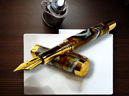 “Caramel Latte" Highlander Gold Fountain Pen.  One Of A Kind, Handcrafted In Lone Tree, Colorado. Includes Ink, Converter, Box & Sleeve. [ML-FP-0109-01]