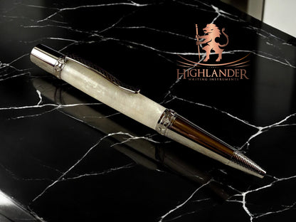 Black Titanium “Pearly White” Handmade Ballpoint Pen. One of a Kind, Ink, Sleeve, and Box Included. Handmade in Colorado by Highlander Writing Instruments.