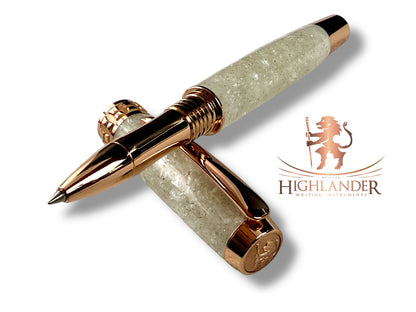 Elegant “Bling” Rose Gold Acrylic Rollerball Pen, Artisan Handcrafted Writing Instrument. One of a Kind, Box, Sleeve, & Ink Included. [ML-RB-0921-02]