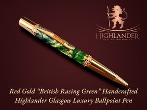 Red Gold "British Racing Green" Handmade Glasgow Ballpoint Pen. One of a Kind, Handcrafted by Highlander Pen. Box, Ink, & Sleeve Included. [ML-BP-1218-01]