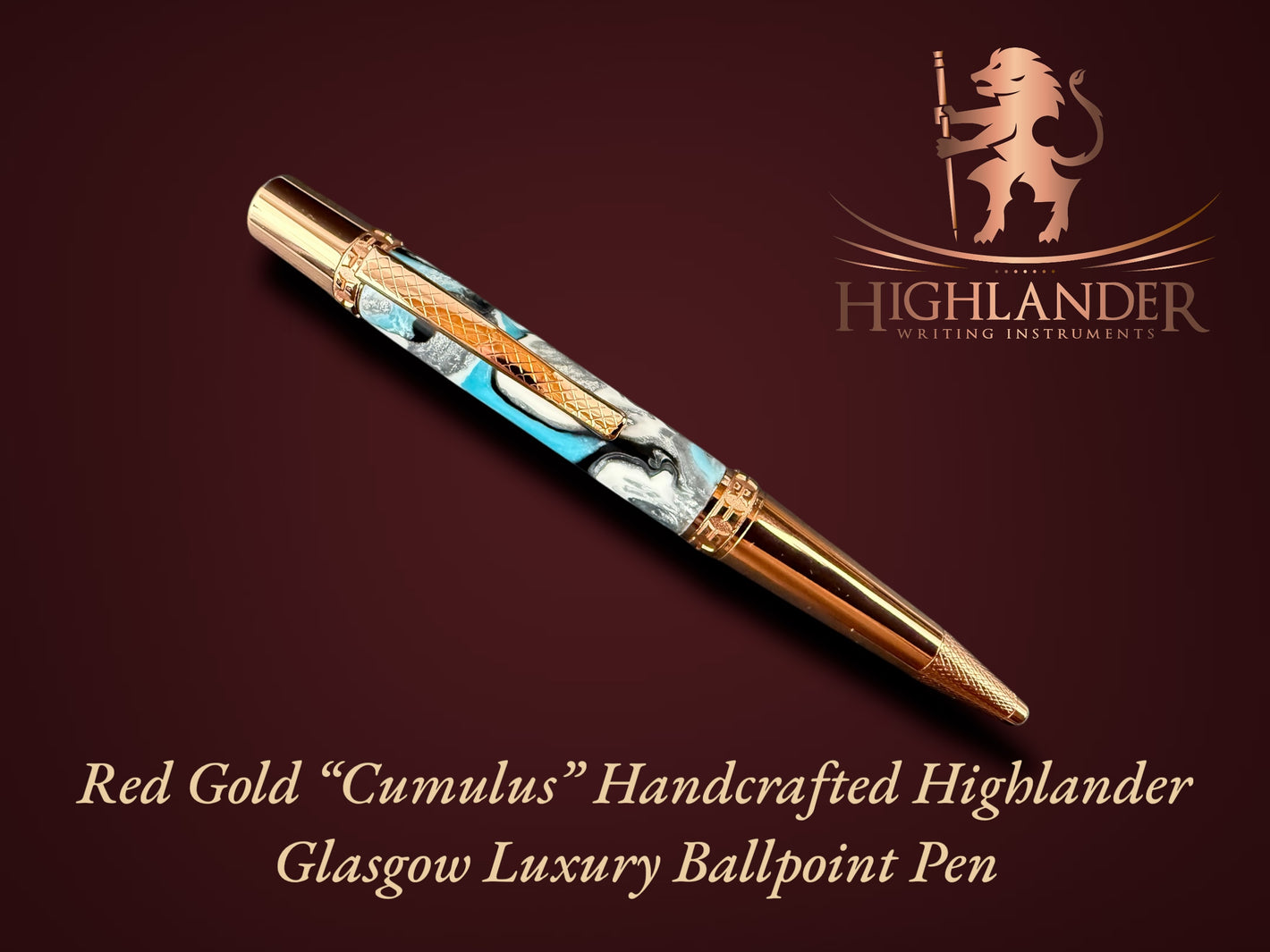 Red Gold "Cumulus" Handmade Glasgow Ballpoint Pen. One of a Kind, Handcrafted by Highlander Pen in CO. Box, Ink, & Sleeve Included. [ML-BP-1216-03]