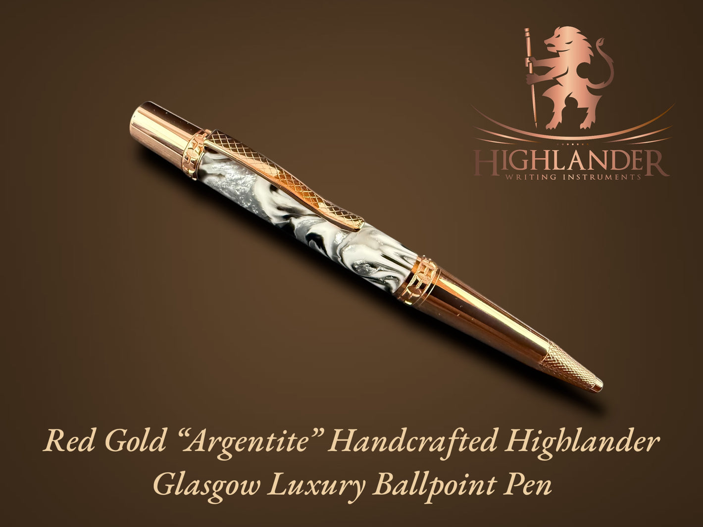 Red Gold "Argentite" Handmade Glasgow Ballpoint Pen. One of a Kind, Handcrafted by Highlander Pen in CO. Box, Ink, & Sleeve Included. [ML-BP-1216-01]