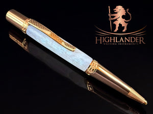 Handcrafted “Iridescent Blue Pearl” Red Gold Ballpoint Pen