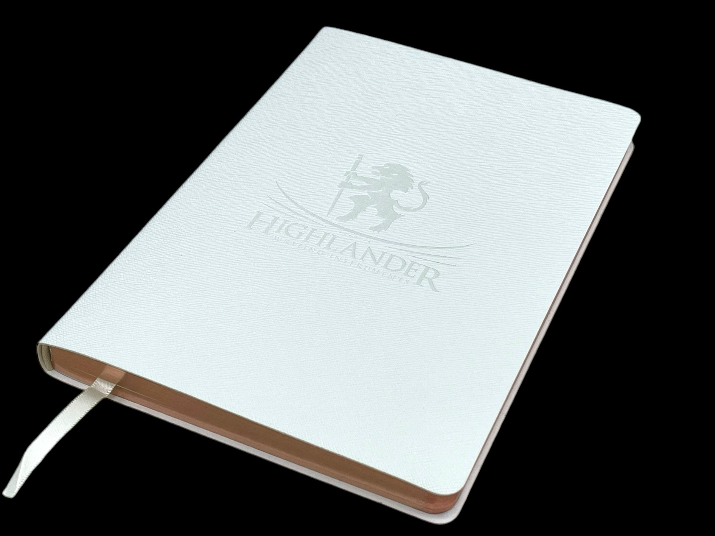 Medium White Saffiano PU Leather Journal, 8 1/4” X 5 3/4”, 120 GSM, Rose Gold Gilded Edges, Satin Ribbon, 25 Lines/Page, 192 Pages, In Box. - HighlanderPen