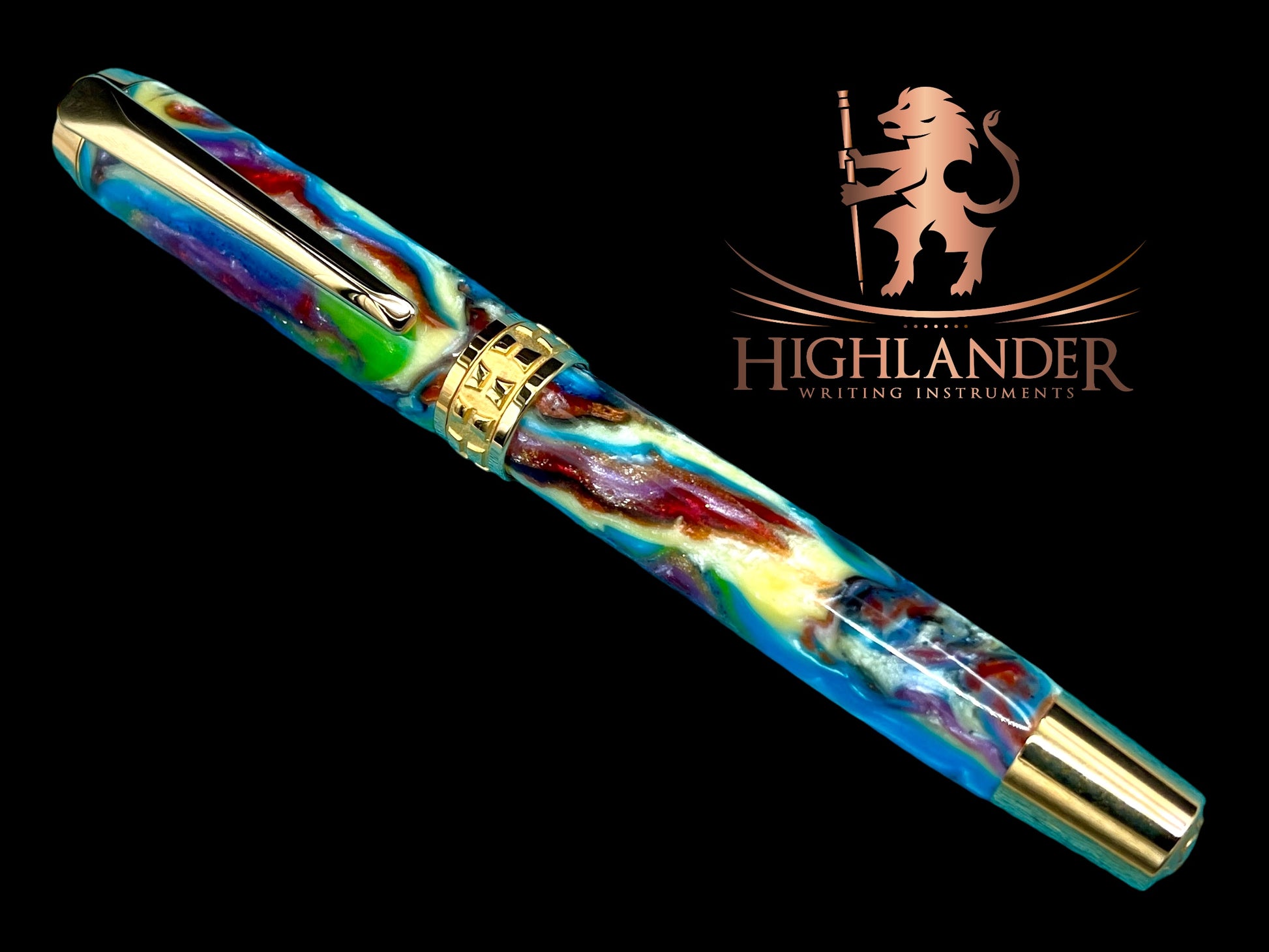 Striking “Color Swirls” Handcrafted Gold Rollerball Pen, One of a Kind, Handmade in Colorado. Ink, Velvet Sleeve, and Pen Box Included. - HighlanderPen