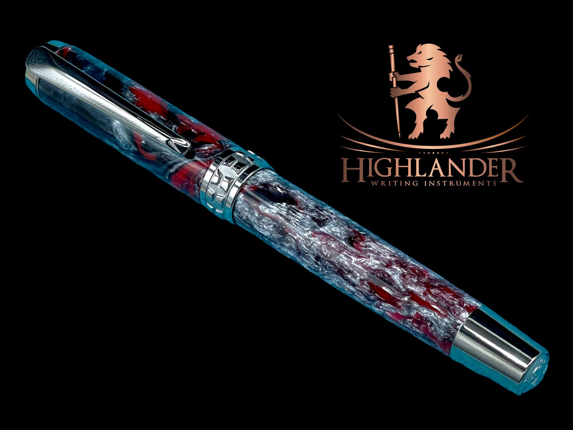 Elegant Red, Black and Silver Black Titanium Acrylic Rollerball Pen, Artisan Handcrafted Writing Instrument. Handmade in CO. One of a Kind. - HighlanderPen