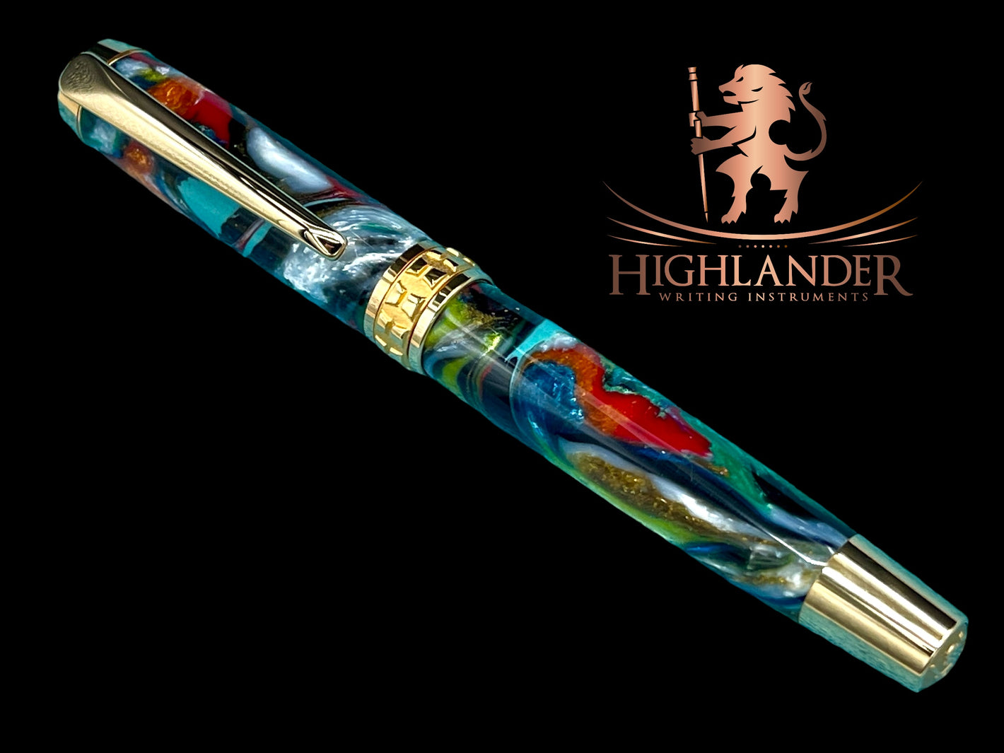 Elegant “Bright Swirls” Handcrafted Gold Rollerball Pen, One of a Kind, Handmade in Colorado. Ink, Velvet Sleeve, and Pen Box Included. - HighlanderPen