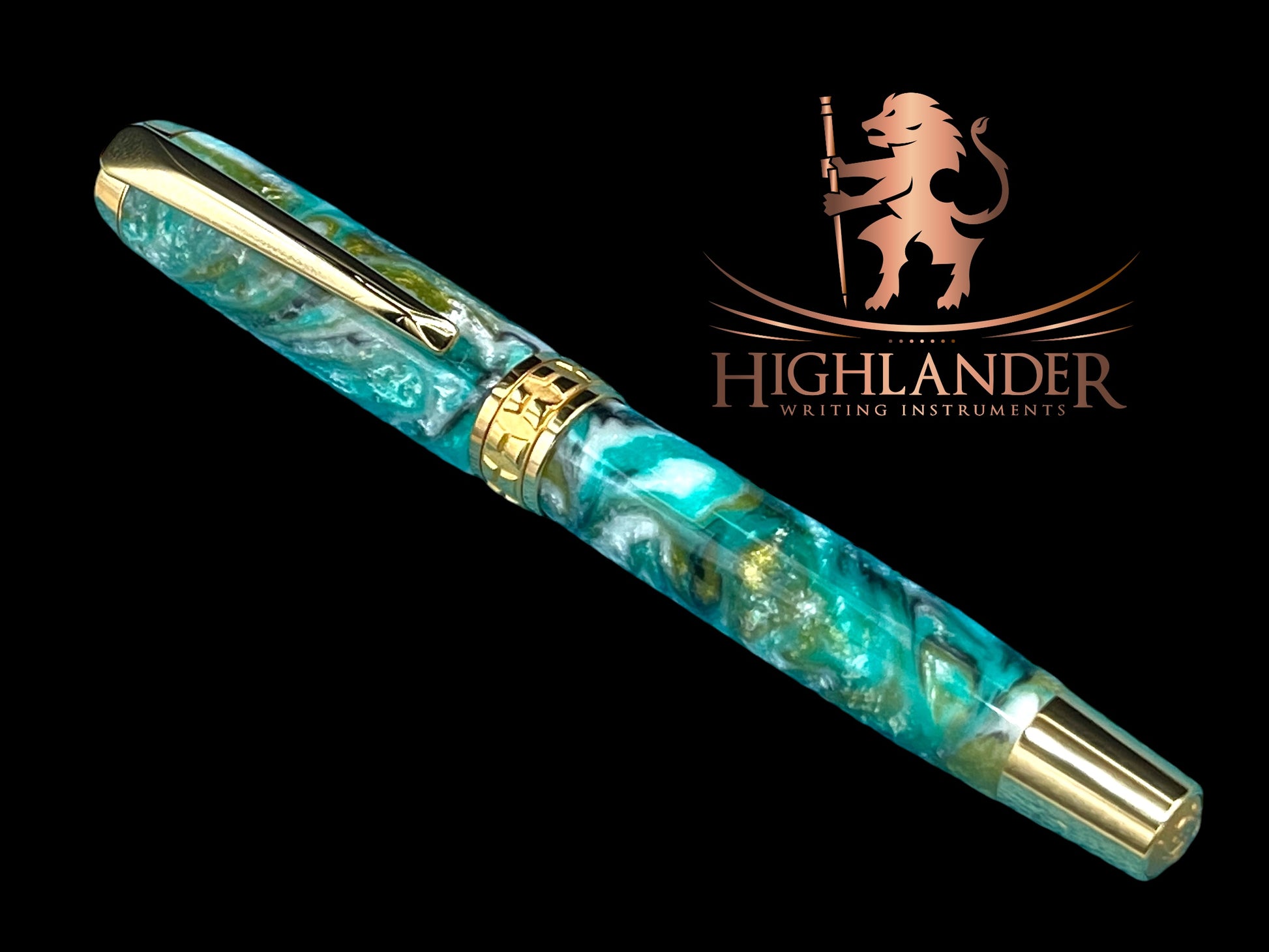 Elegant “Teal Swirl” Handcrafted Gold Rollerball Pen, One of a Kind, Handmade in Colorado. Ink, Velvet Sleeve, and Pen Box Included. - HighlanderPen