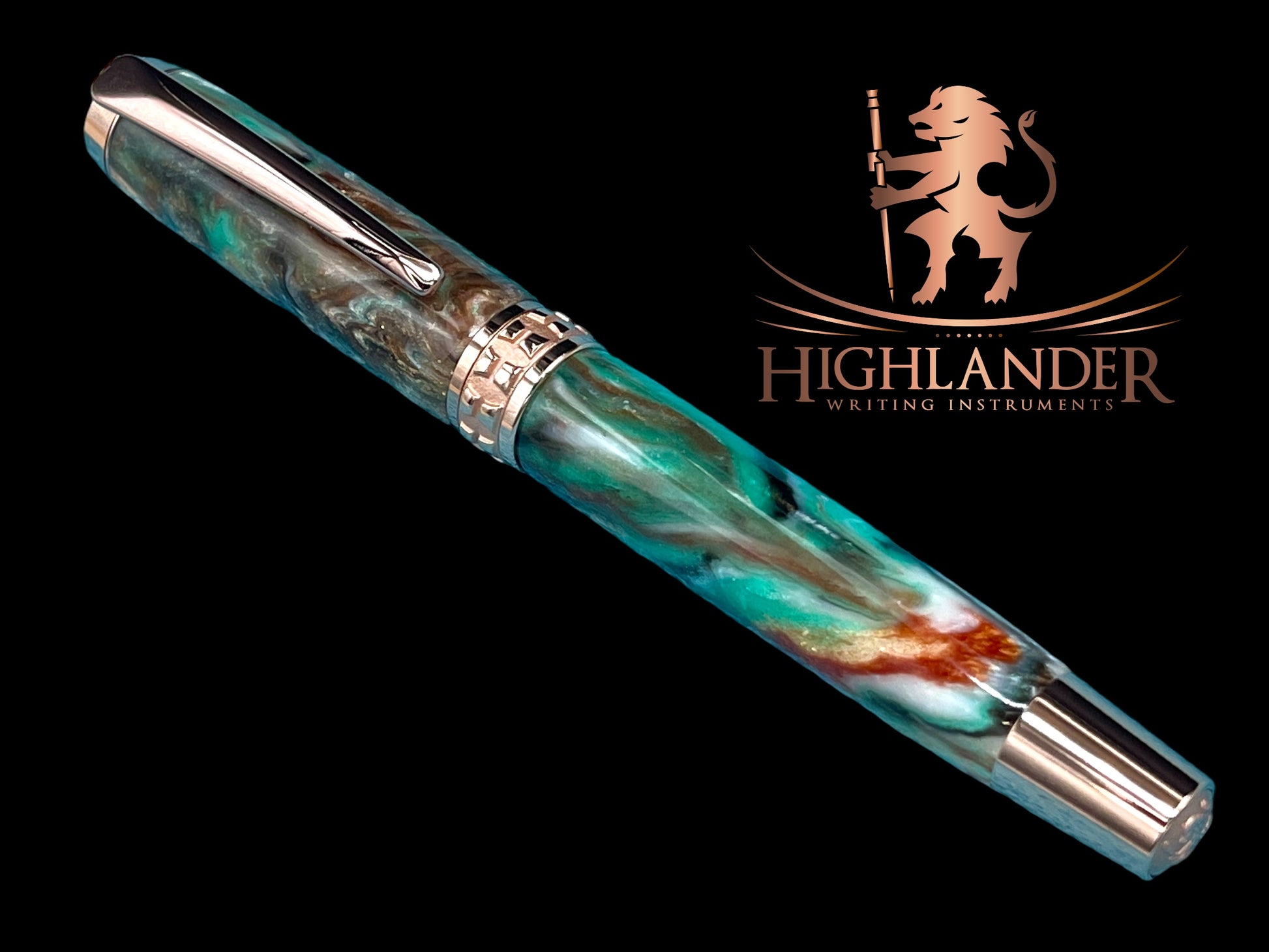 Striking “Green-Bronze Acrylic” Rose Gold Fountain Pen, One of a Kind, Handmade in Colorado. Ink, Converter, Pen Sleeve & Box Included. - HighlanderPen