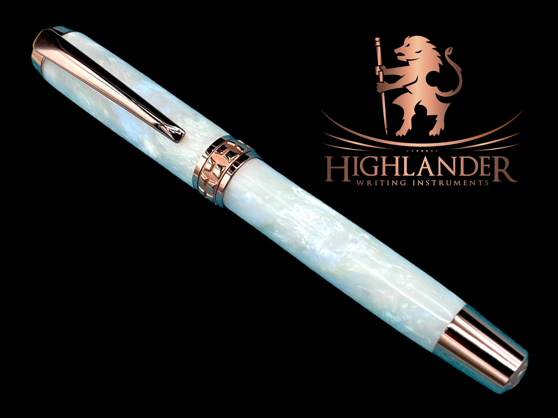 Elegant “Pearly Opal Acrylic” Rose Gold Fountain Pen, One of a Kind, Handmade in Colorado. Ink, Converter, Pen Sleeve & Box Included. - HighlanderPen